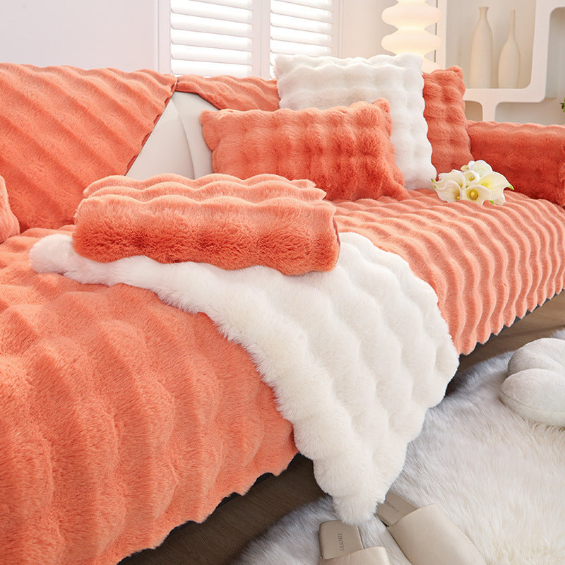 Rabbit plush sofa cushion with leather anti-skid design.