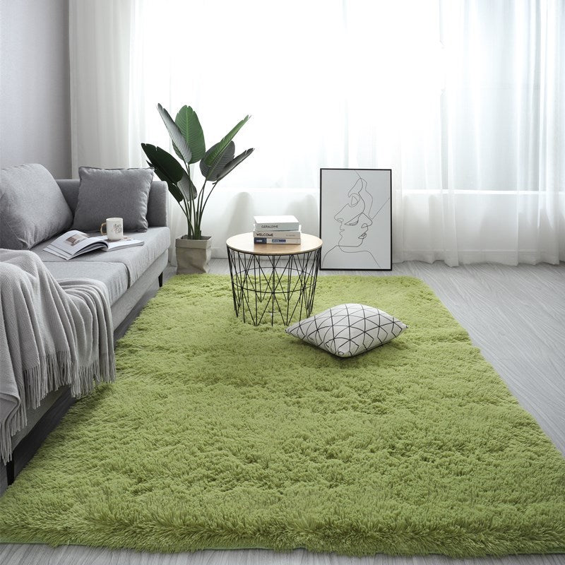 Nordic fluffy rectangle rug in white placed in a cozy living room with soft lighting