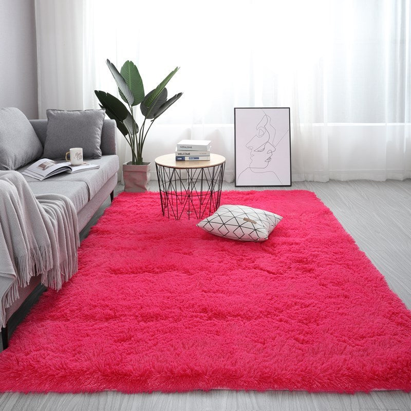 Nordic fluffy rectangle rug in white placed in a cozy living room with soft lighting