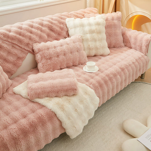 Rabbit plush sofa cushion with leather anti-skid design.
