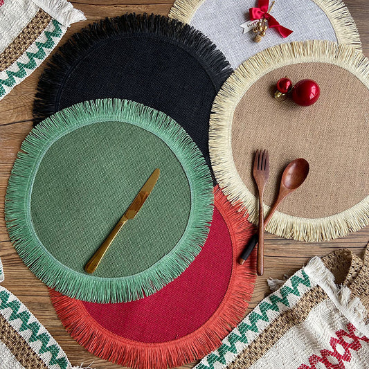 Handwoven jute tassel placemats for eco-friendly rustic home décor.