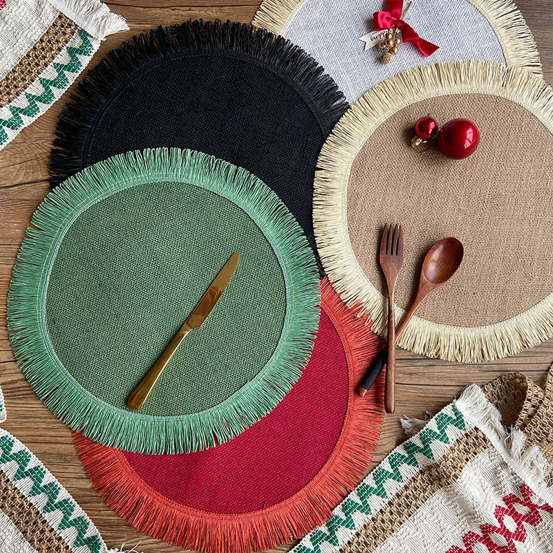Handwoven jute tassel placemats for eco-friendly rustic home décor.