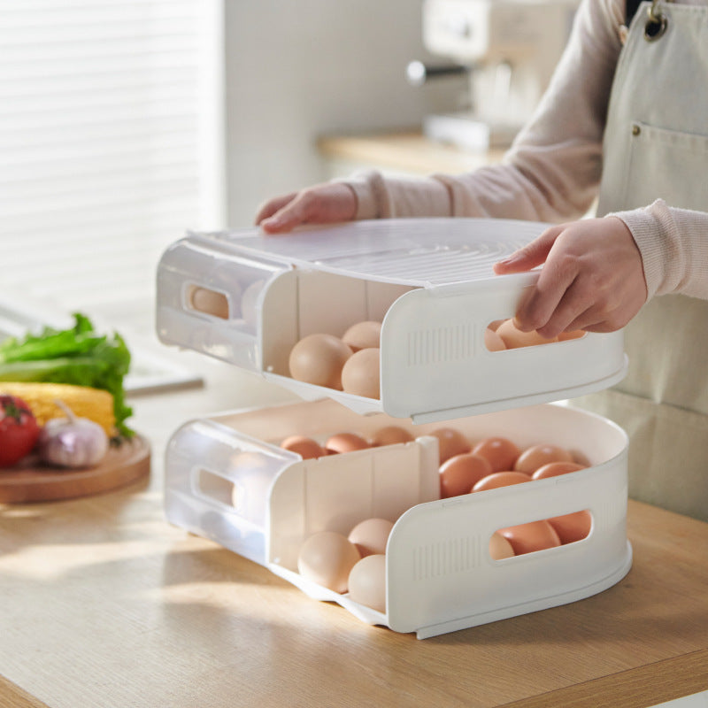 Stackable U-shaped egg storage box with multi-layer kitchen organizer design.