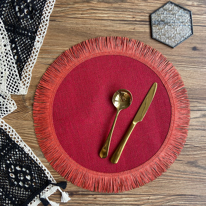 Handwoven jute tassel placemats for eco-friendly rustic home décor.