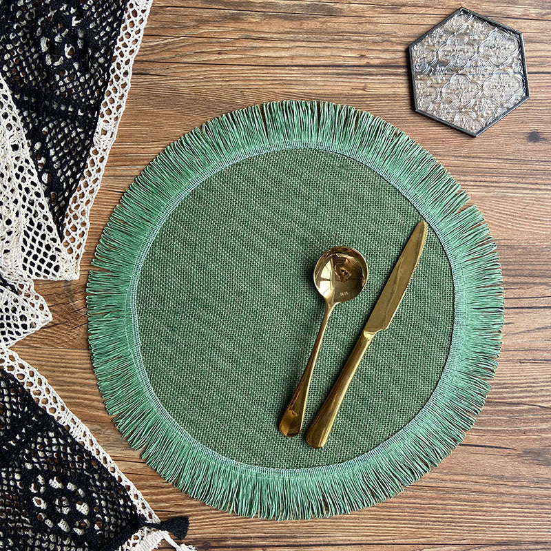 Handwoven jute tassel placemats for eco-friendly rustic home décor.