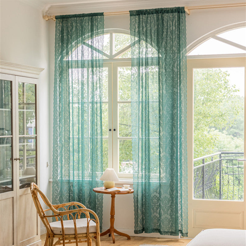 Dark green lace curtain with horse leather-inspired design for modern interiors.