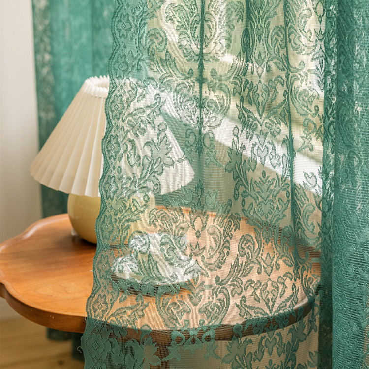Dark green lace curtain with horse leather-inspired design for modern interiors.