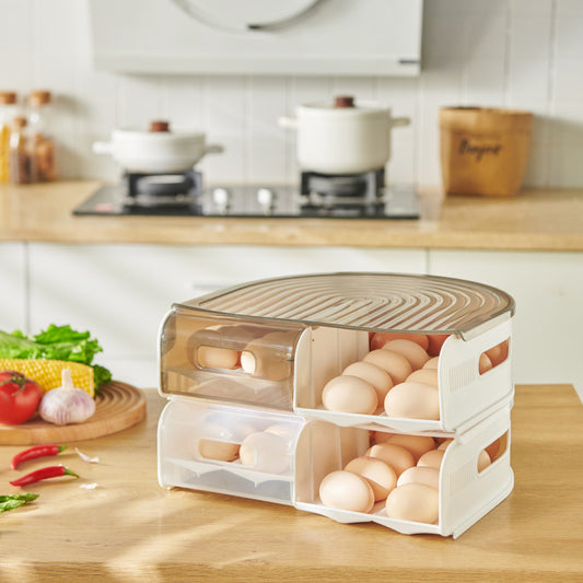 Stackable U-shaped egg storage box with multi-layer kitchen organizer design.