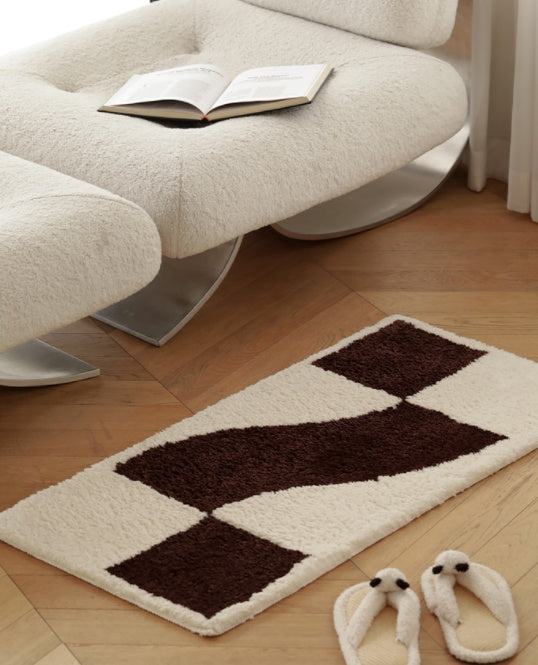 Checkered flocked home carpet in a minimalist living room with a soft grey and white pattern
