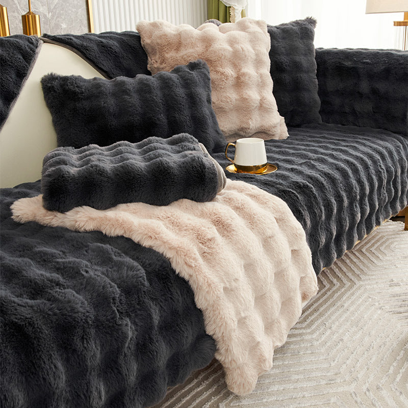 Rabbit plush sofa cushion with leather anti-skid design.
