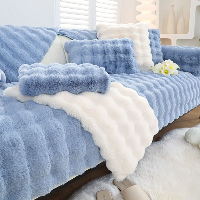 Rabbit plush sofa cushion with leather anti-skid design.