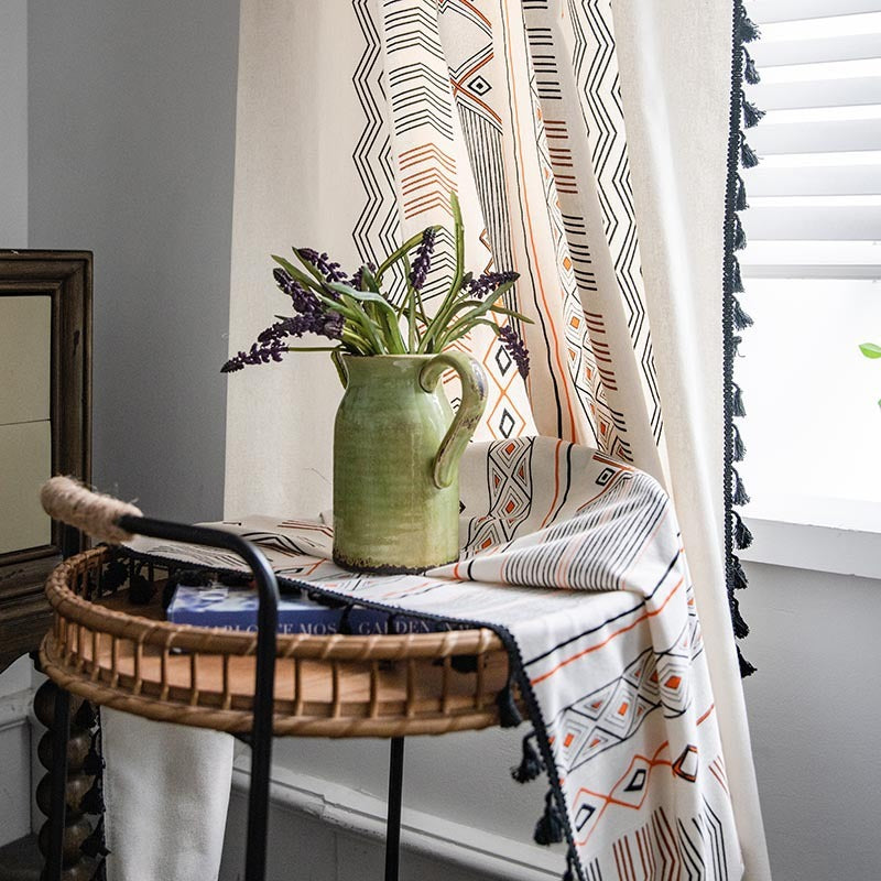 Boho cream cotton and linen sun shade curtain fabric for modern home décor.