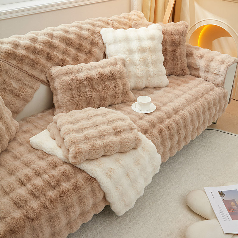 Rabbit plush sofa cushion with leather anti-skid design.