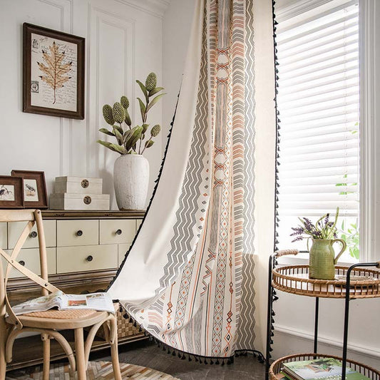 Boho cream cotton and linen sun shade curtain fabric for modern home décor.