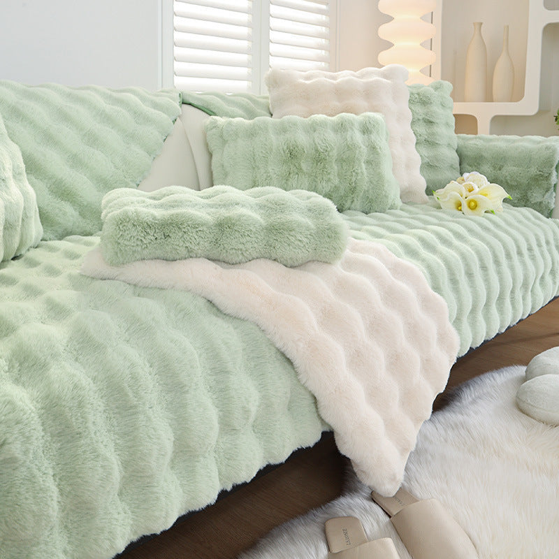 Rabbit plush sofa cushion with leather anti-skid design.