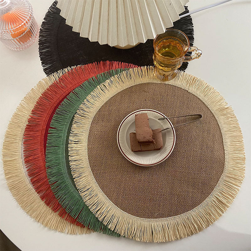 Handwoven jute tassel placemats for eco-friendly rustic home décor.