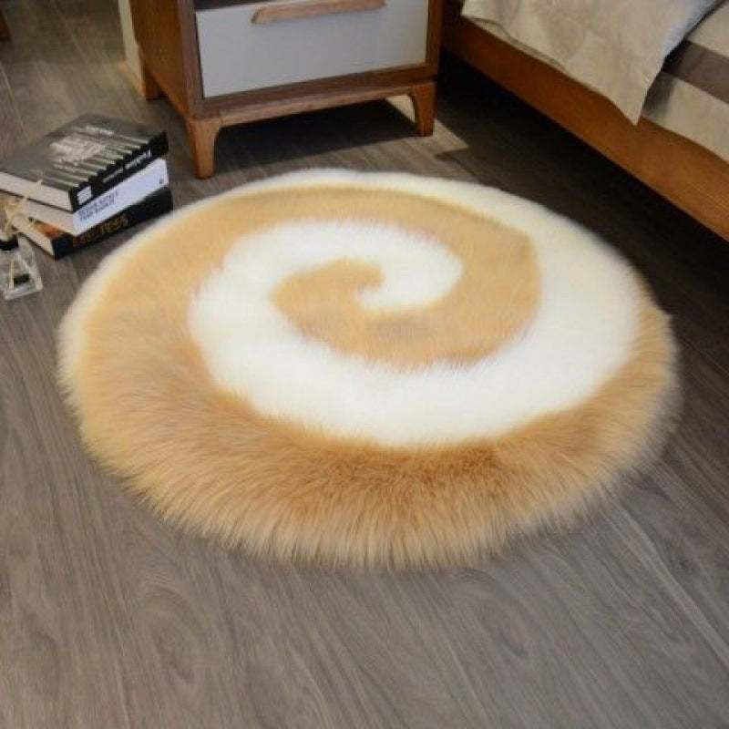 Cute cartoon plush carpet with luxury texture in a kids’ bedroom filled with soft toys and pastel colors