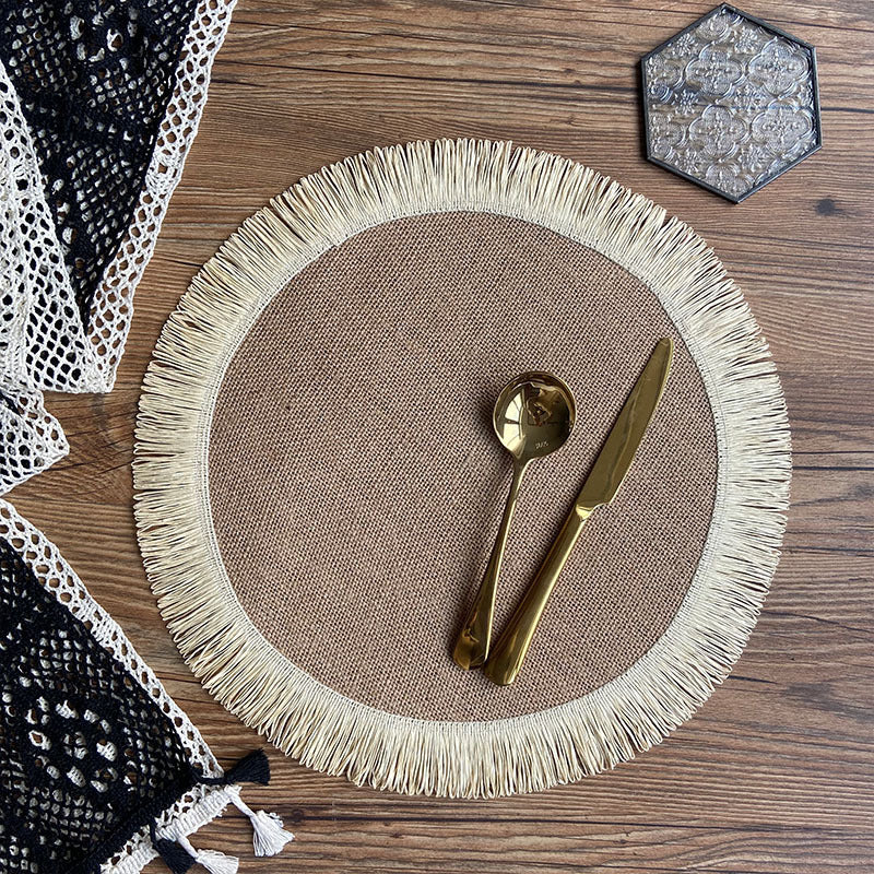 Handwoven jute tassel placemats for eco-friendly rustic home décor.