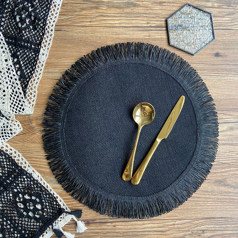 Handwoven jute tassel placemats for eco-friendly rustic home décor.
