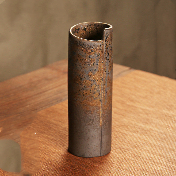 Zen rough pottery vintage vase with rustic handmade design for home décor.