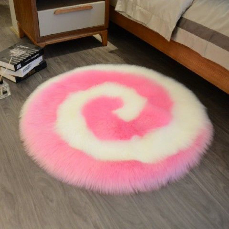 Cute cartoon plush carpet with luxury texture in a kids’ bedroom filled with soft toys and pastel colors