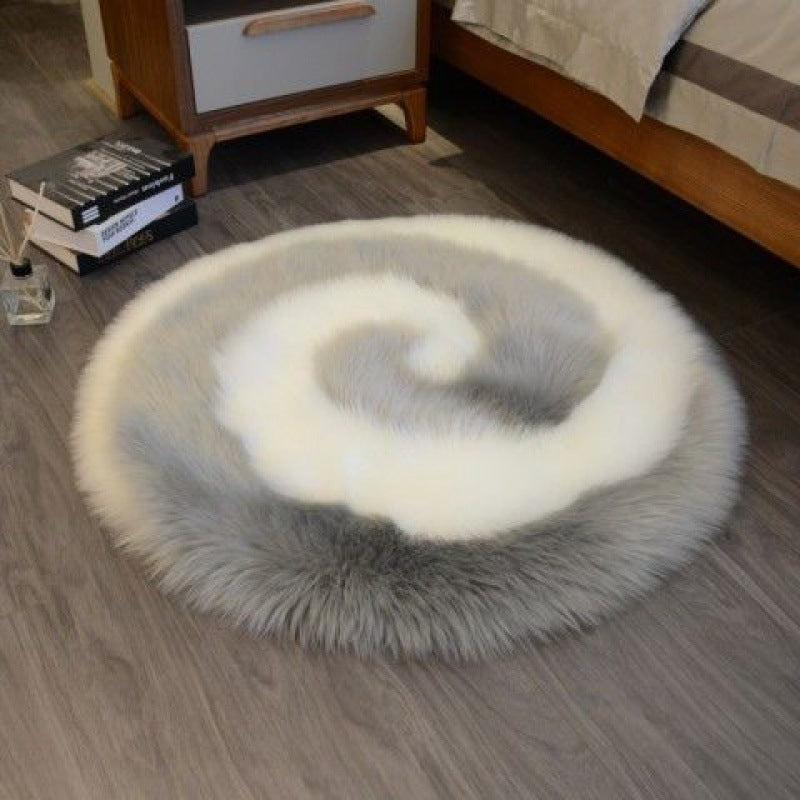 Cute cartoon plush carpet with luxury texture in a kids’ bedroom filled with soft toys and pastel colors