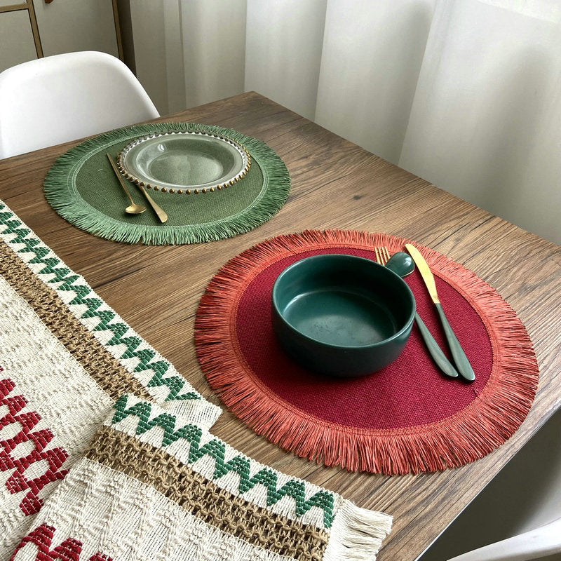 Handwoven jute tassel placemats for eco-friendly rustic home décor.
