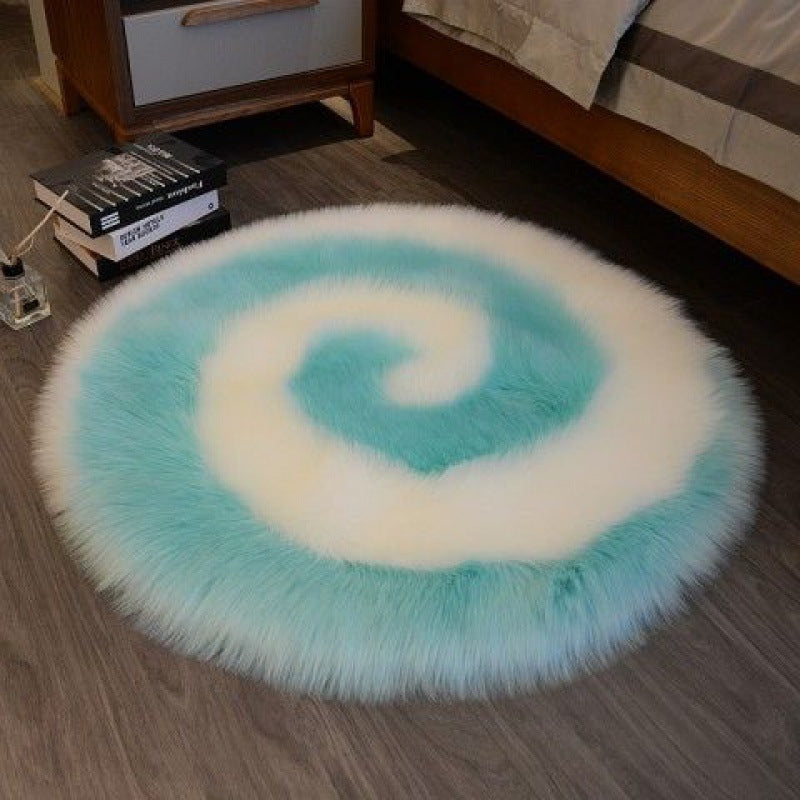 Cute cartoon plush carpet with luxury texture in a kids’ bedroom filled with soft toys and pastel colors