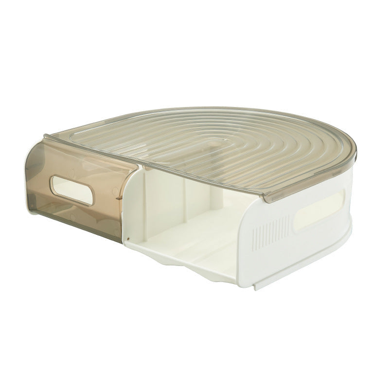 Stackable U-shaped egg storage box with multi-layer kitchen organizer design.