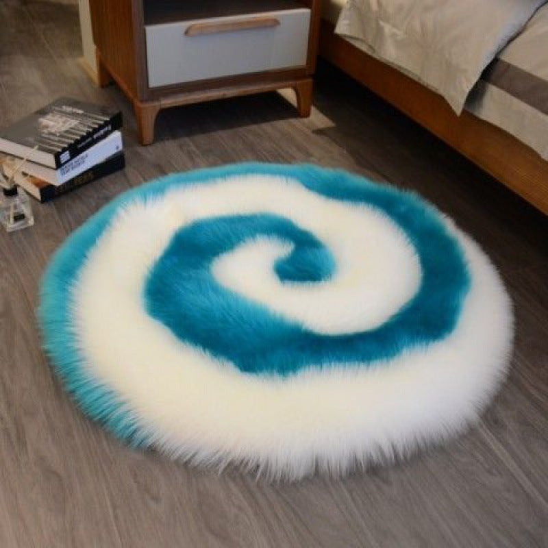 Cute cartoon plush carpet with luxury texture in a kids’ bedroom filled with soft toys and pastel colors