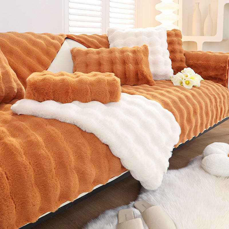 Rabbit plush sofa cushion with leather anti-skid design.