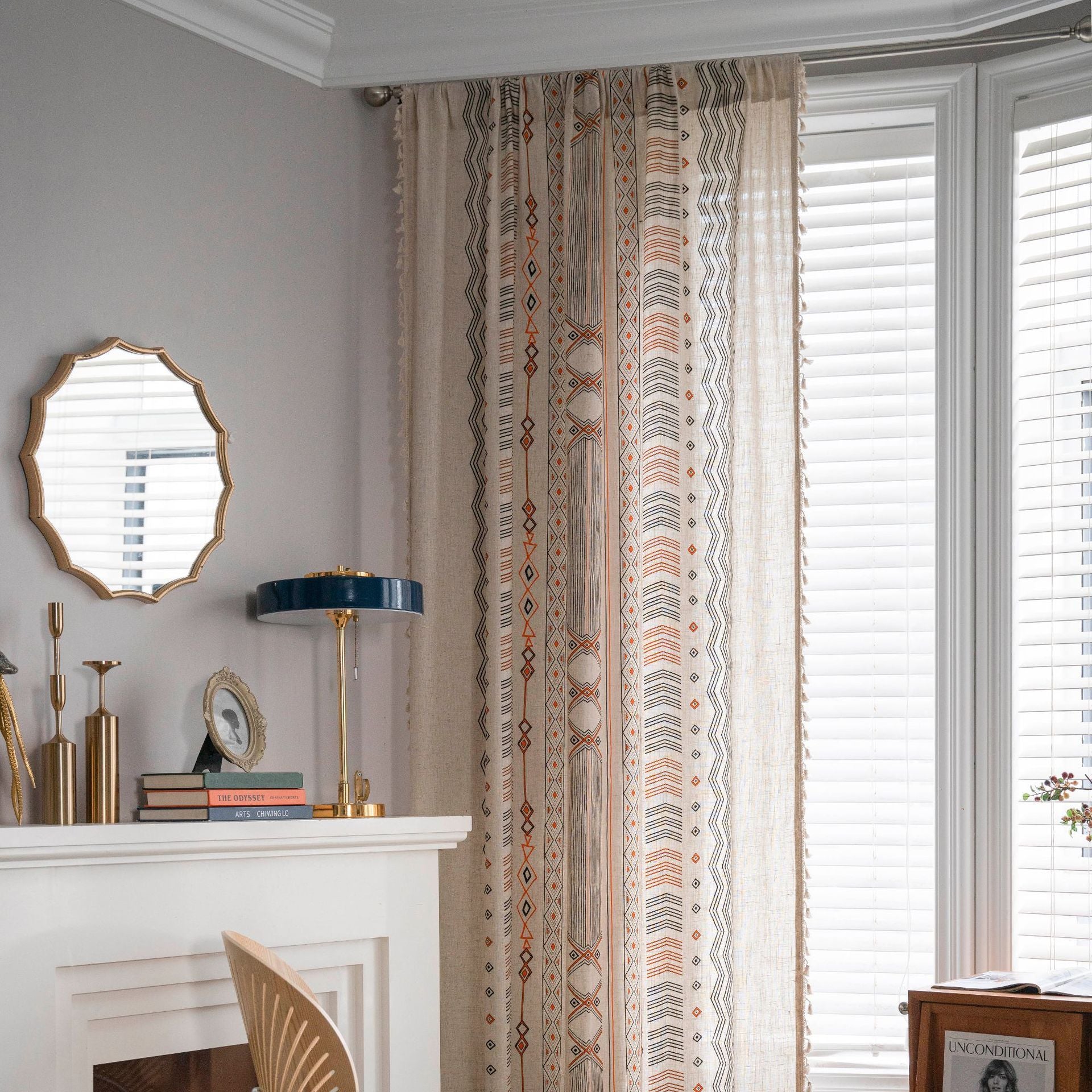 Boho cream cotton and linen sun shade curtain fabric for modern home décor.