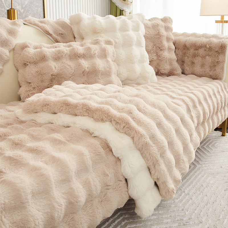 Rabbit plush sofa cushion with leather anti-skid design.