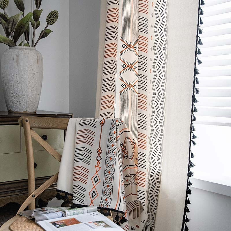 Boho cream cotton and linen sun shade curtain fabric for modern home décor.