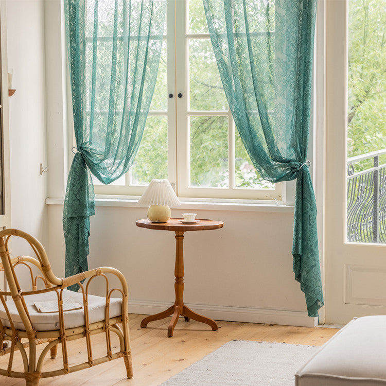 Dark green lace curtain with horse leather-inspired design for modern interiors.