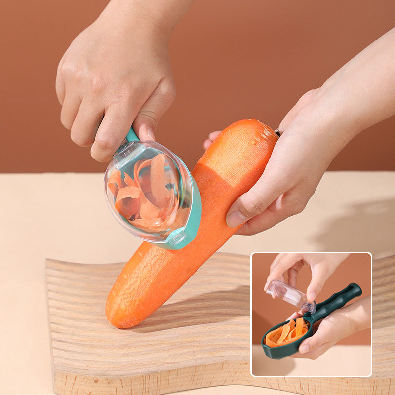 Premium fruit and potato peeler with storage lid for clean peeling.