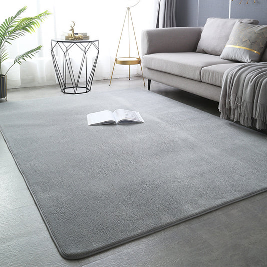 Modern minimalist coral fleece carpet in a bright living room with neutral-toned furniture and natural light

