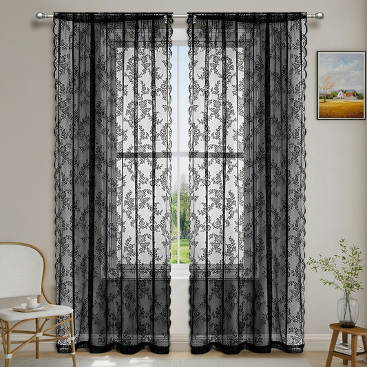 Vintage lace half curtain with rod pocket hanging in a cozy, sunlit kitchen window

