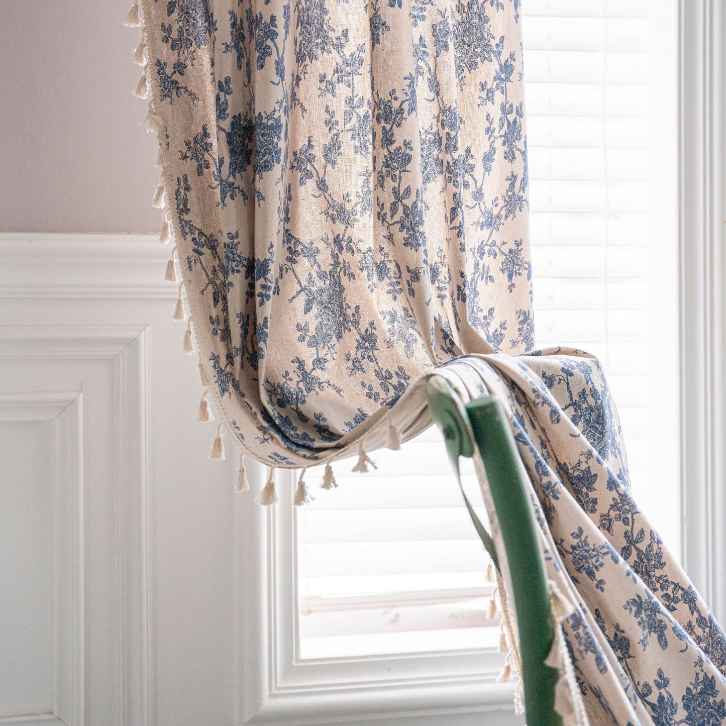 Cotton & Linen Printed Kitchen Curtain with Beige Tassels – Half Shade for Small & Bay Windows - AVENWU