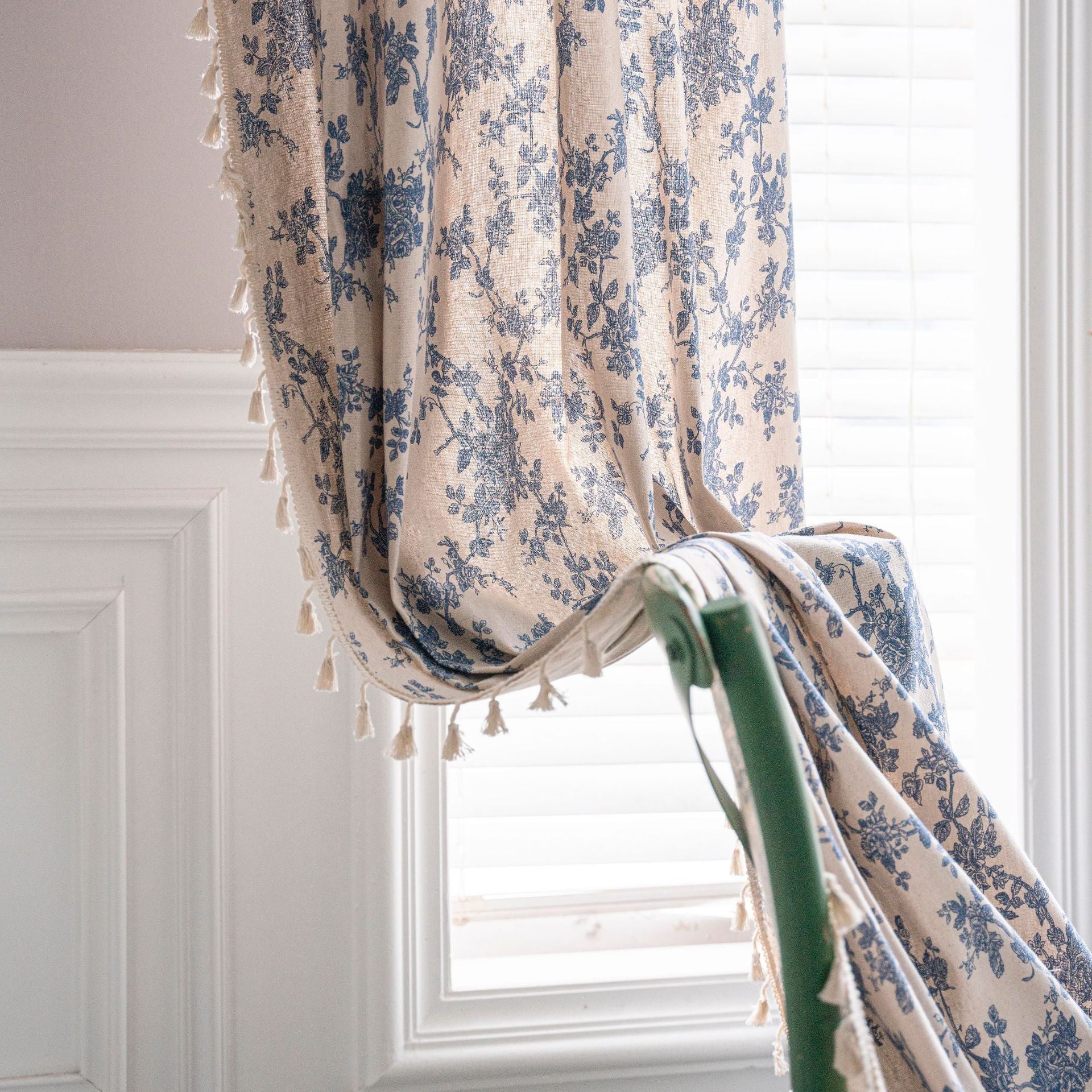 Cotton & Linen Printed Kitchen Curtain with Beige Tassels – Half Shade for Small & Bay Windows - AVENWU