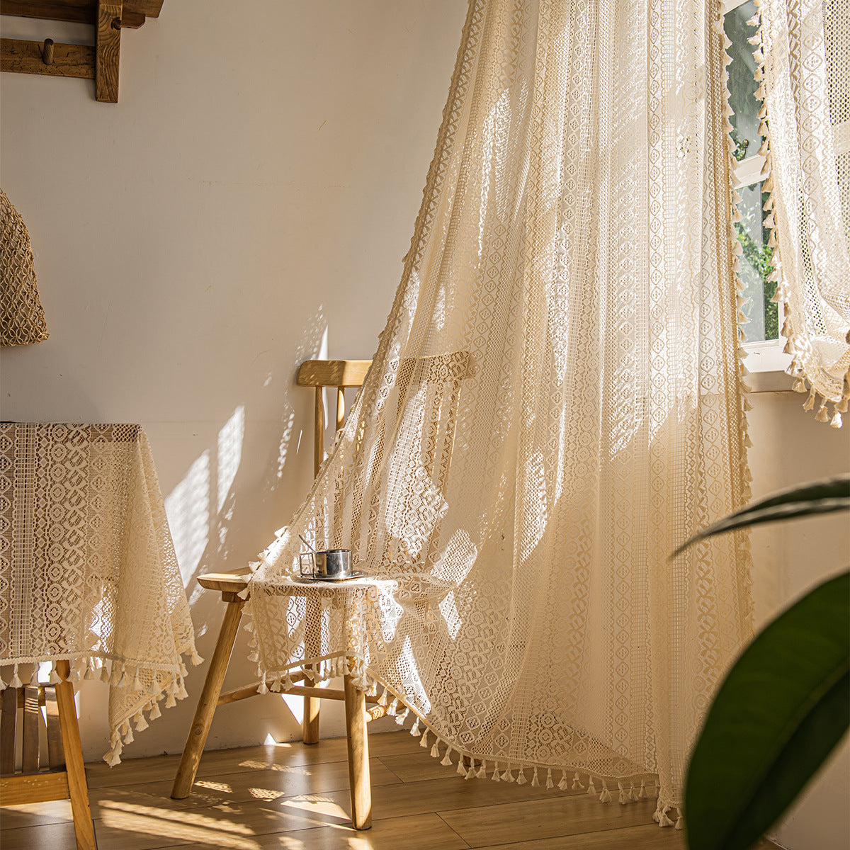 Wood color lace curtain hanging as window screen in a cozy living room

