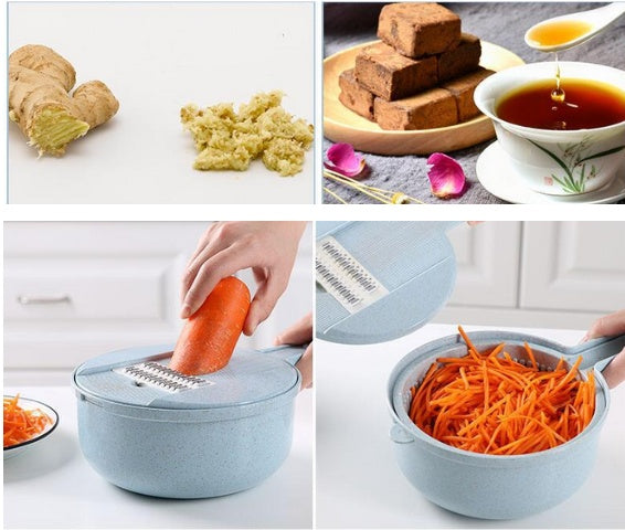 Premium 8-in-1 Mandoline Slicer with peeler and strainer for vegetables.