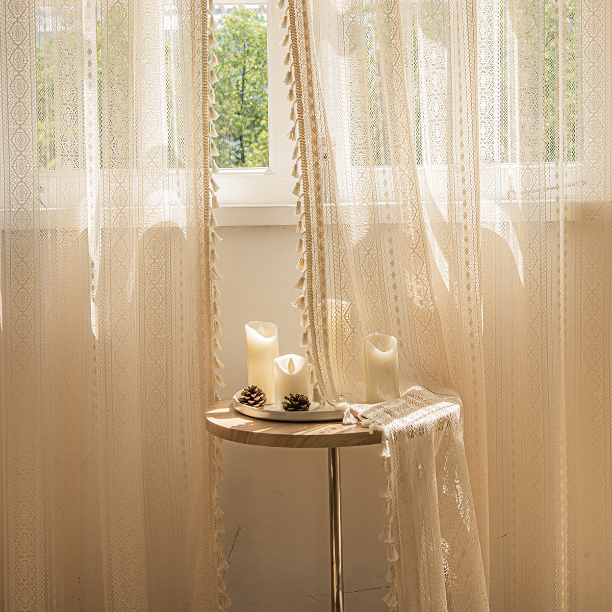 Wood color lace curtain hanging as window screen in a cozy living room

