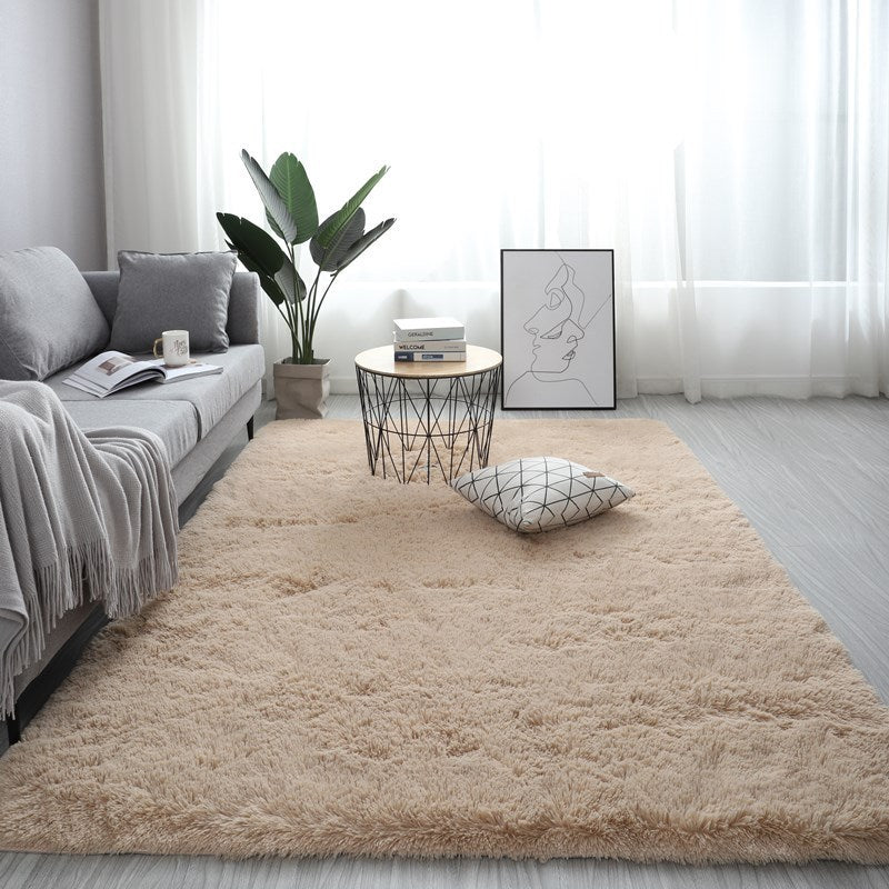 Nordic fluffy rectangle rug in white placed in a cozy living room with soft lighting

