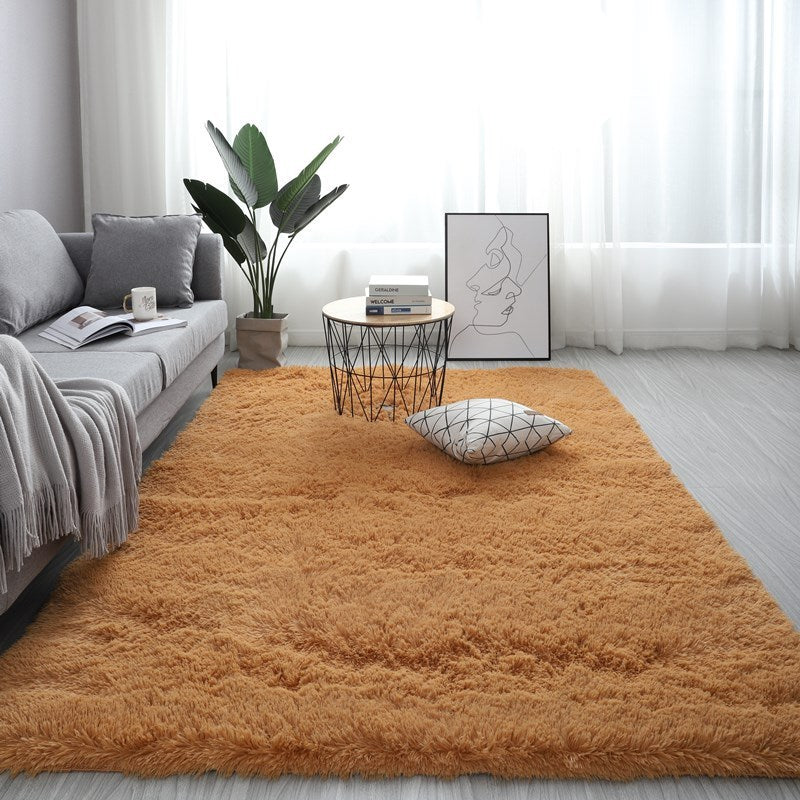 Nordic fluffy rectangle rug in white placed in a cozy living room with soft lighting

