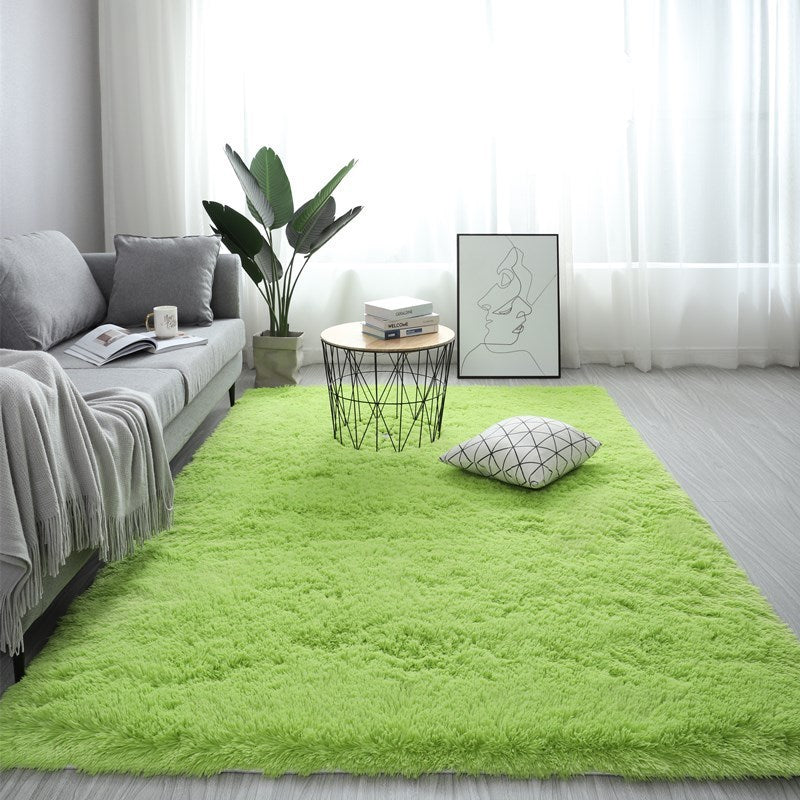Nordic fluffy rectangle rug in white placed in a cozy living room with soft lighting

