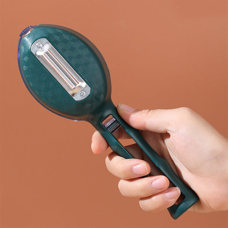 Premium fruit and potato peeler with storage lid for clean peeling.