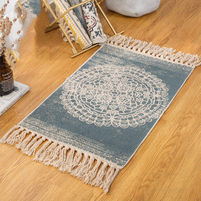 Bohemian style American floor carpet with colorful patterns in a cozy living room setup

