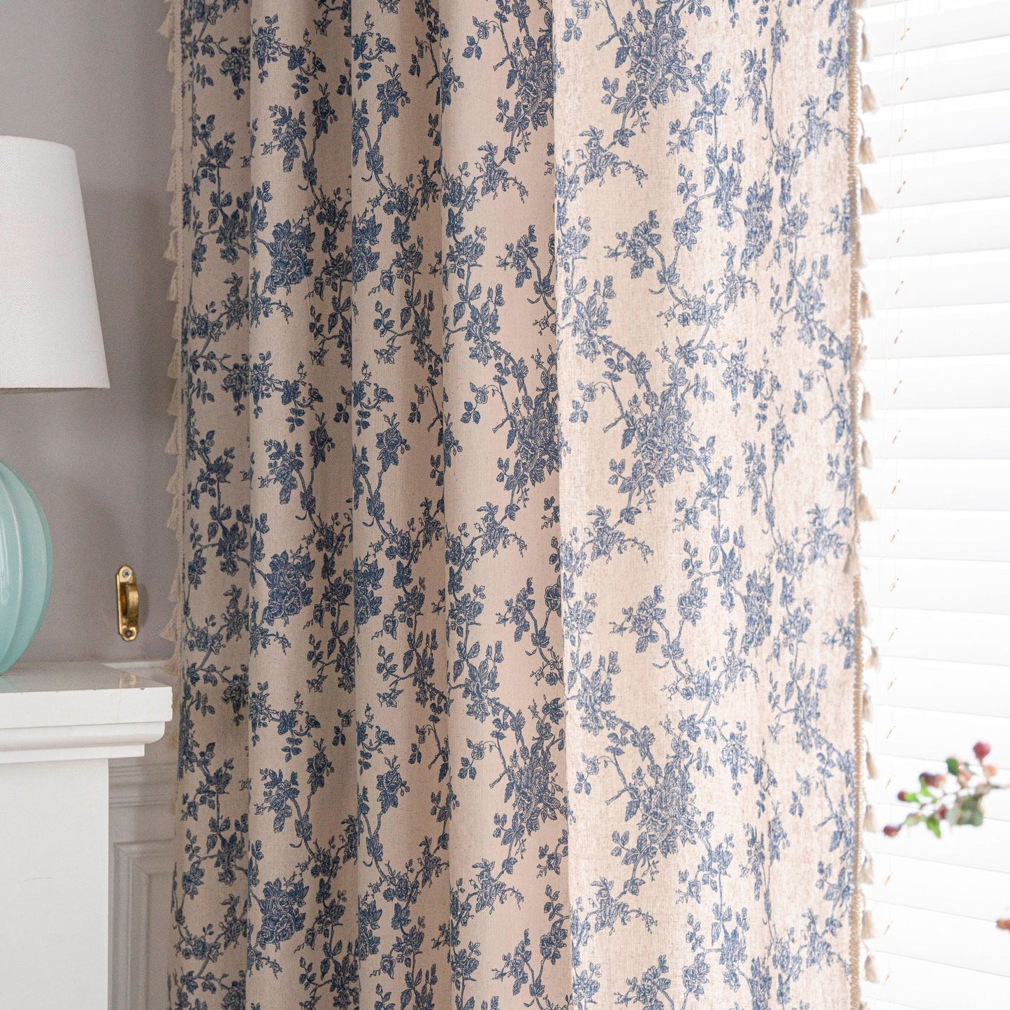 Cotton & Linen Printed Kitchen Curtain with Beige Tassels – Half Shade for Small & Bay Windows - AVENWU