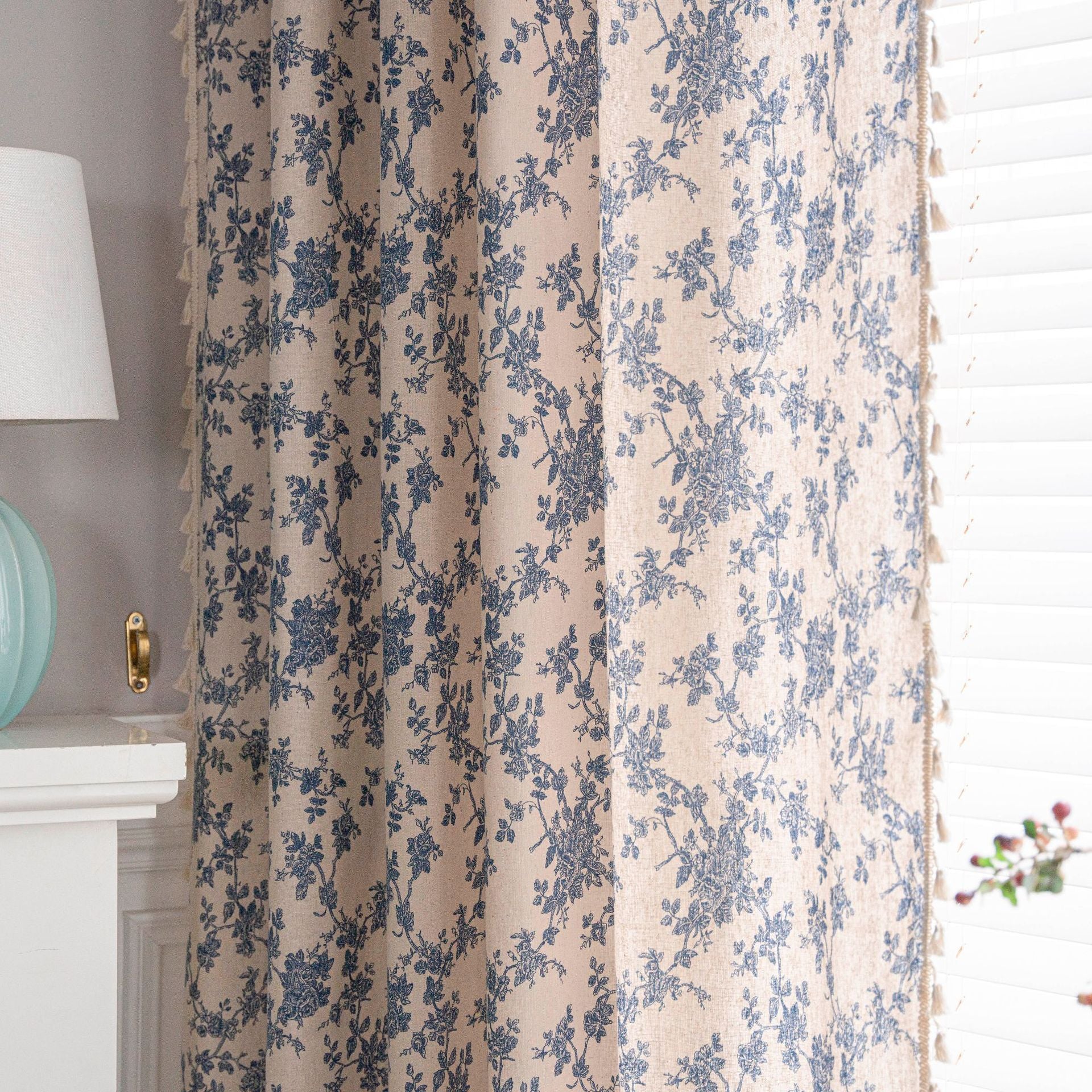 Cotton & Linen Printed Kitchen Curtain with Beige Tassels – Half Shade for Small & Bay Windows - AVENWU